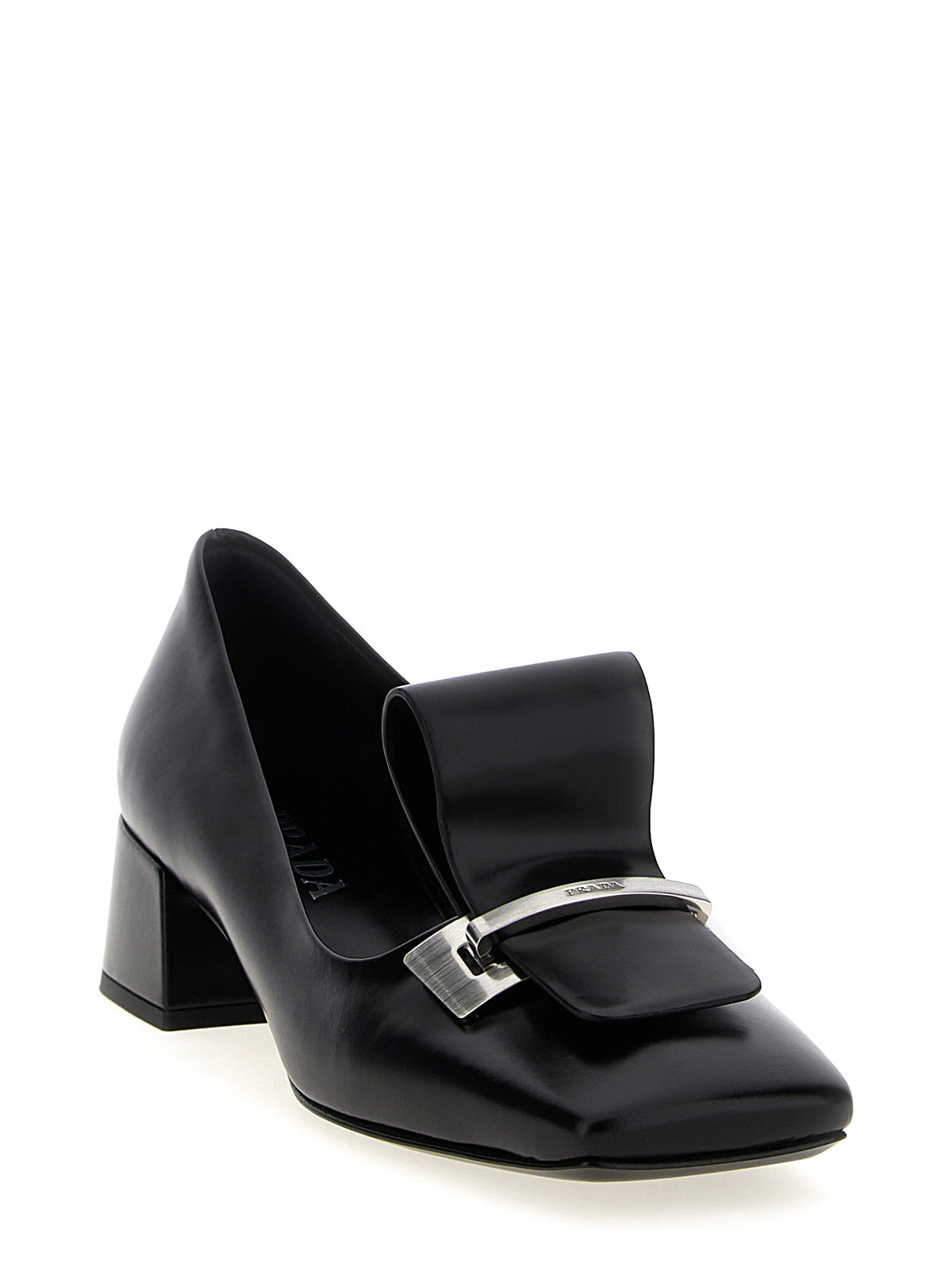 Prada Brushed Calfskin Square Toe Mid Heel Pumps in Black | Made in Italy