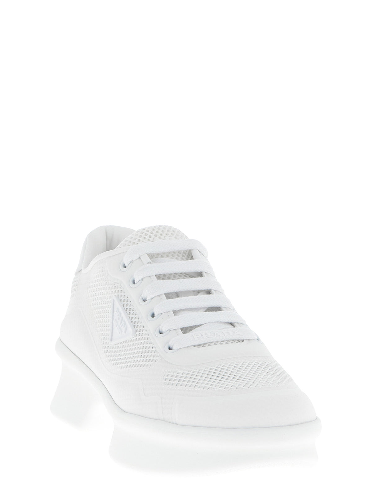 Prada Openwork Mesh Sneakers with Silicone Triangle Logo in White | Made in Italy