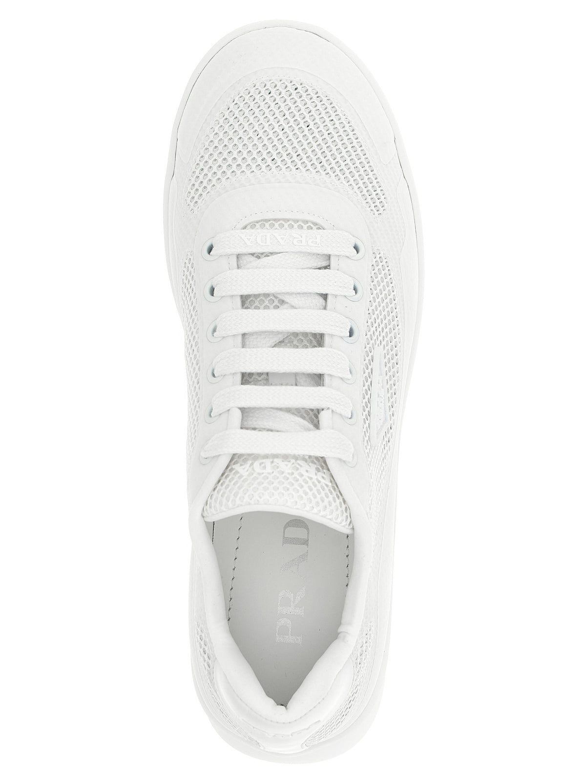 Prada Openwork Mesh Sneakers with Silicone Triangle Logo in White | Made in Italy