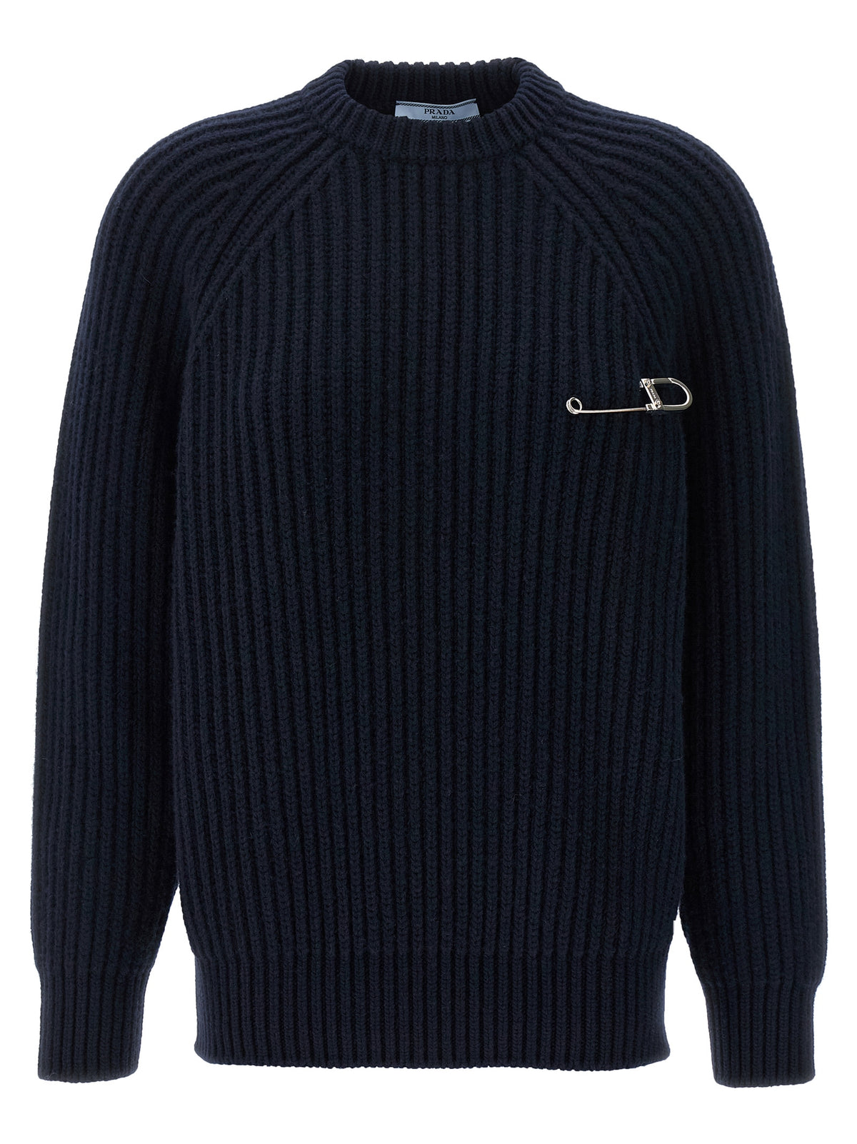 Prada Virgin Wool & Cashmere Crew Neck Sweater with Metal Brooch in Blue | Made in Italy
