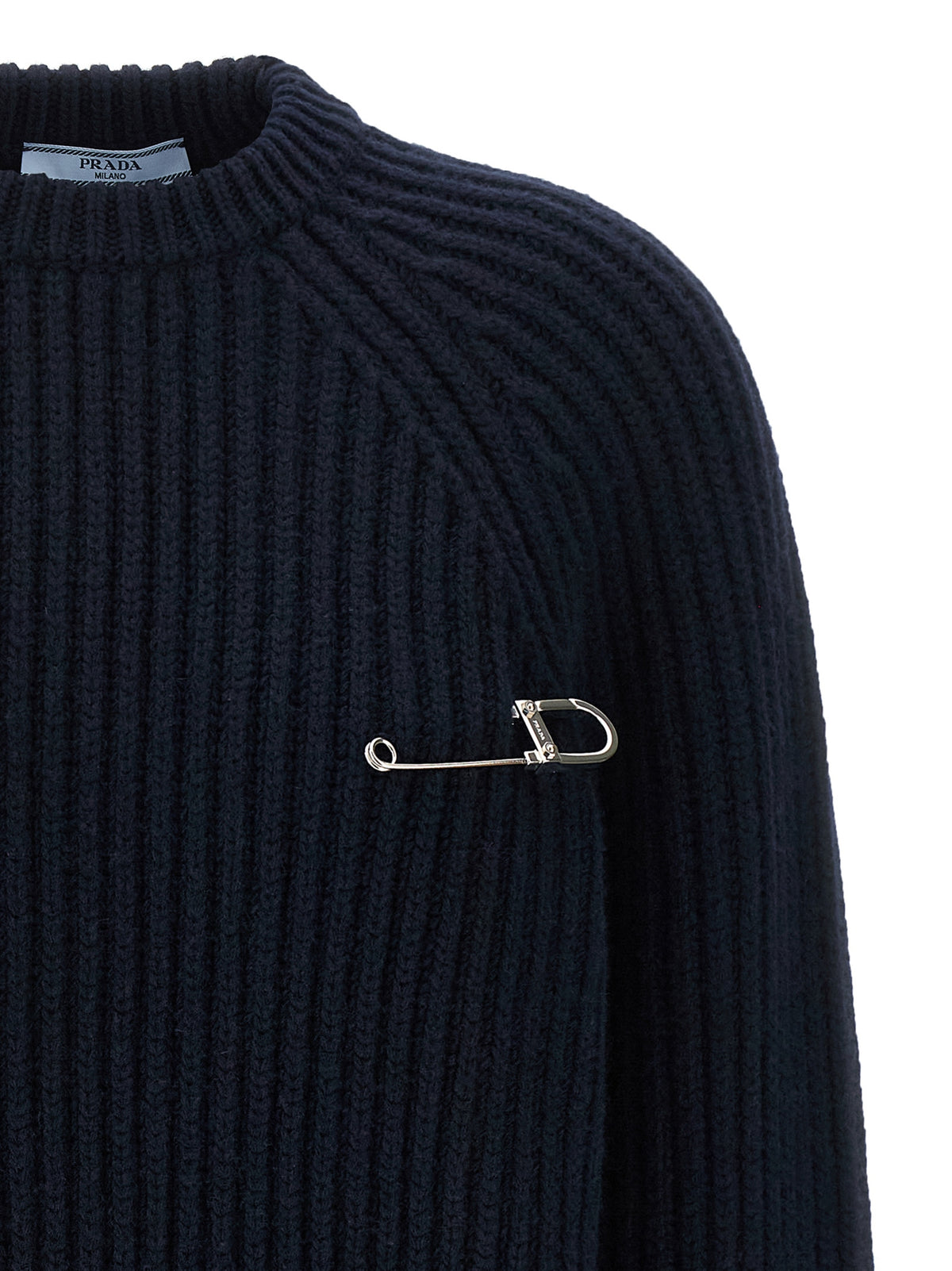 Prada Virgin Wool & Cashmere Crew Neck Sweater with Metal Brooch in Blue | Made in Italy