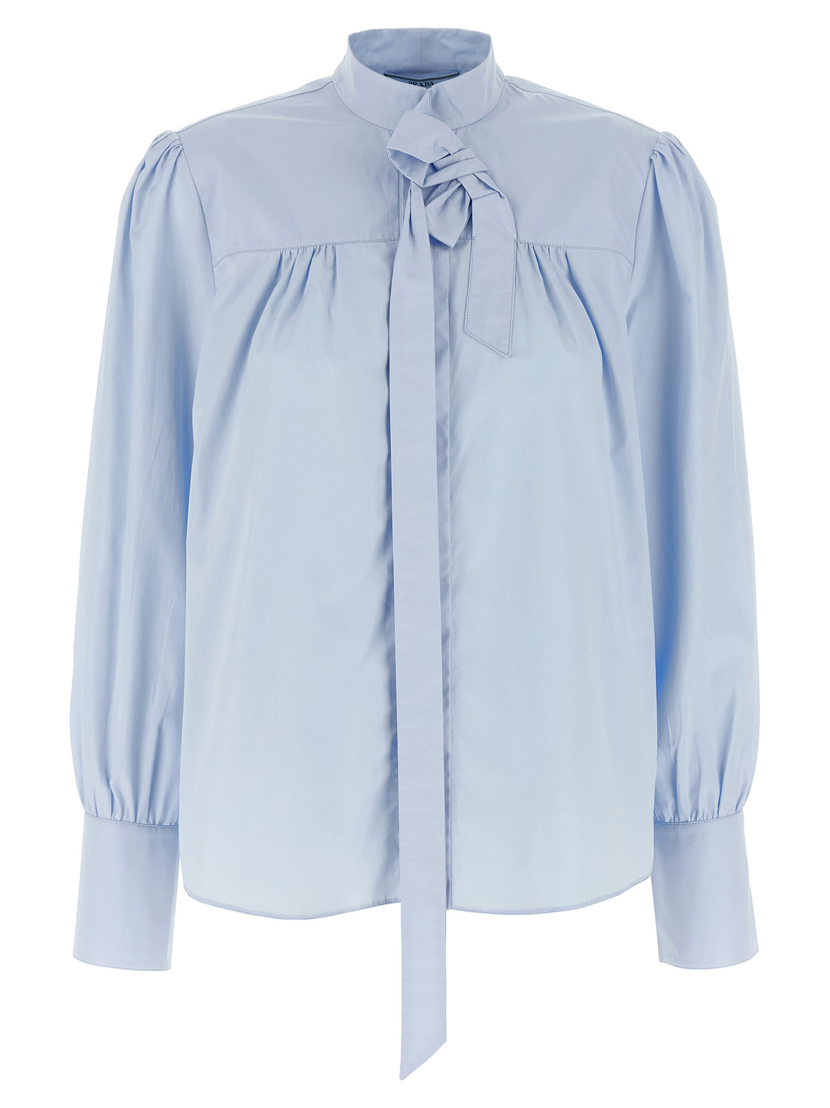 Prada Cotton Poplin Lavallière Collar Shirt in Light Blue | Made in Italy