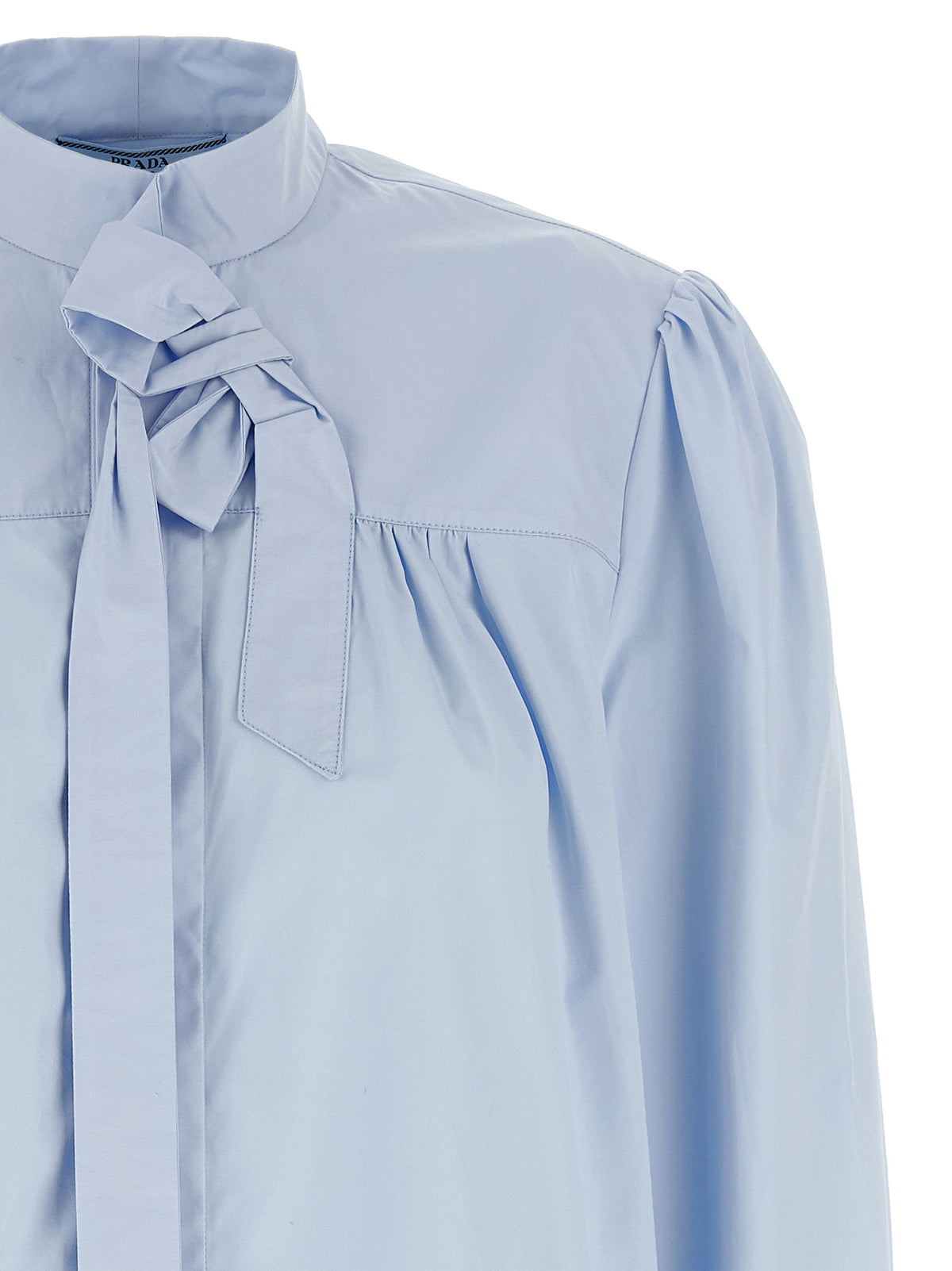 Prada Cotton Poplin Lavallière Collar Shirt in Light Blue | Made in Italy