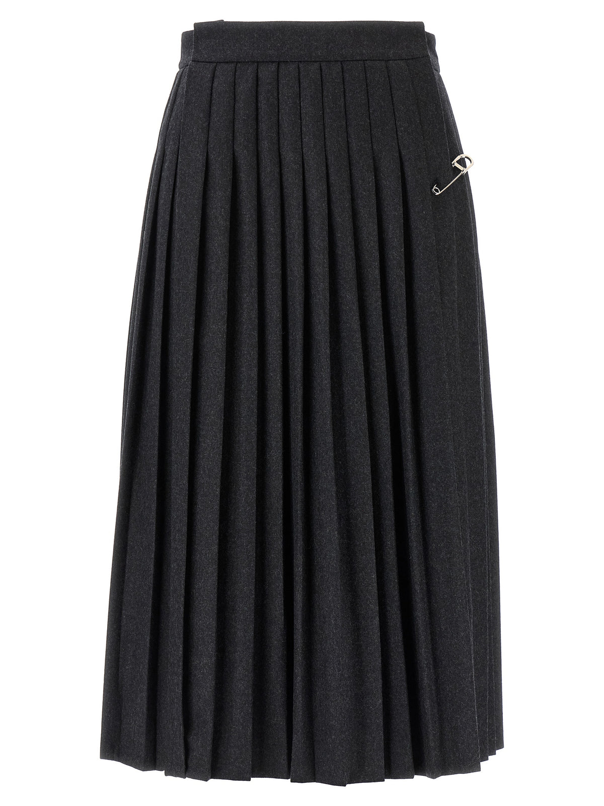 Prada Pleated Virgin Wool Midi Skirt with Brooch Detail in Gray | Made in Italy