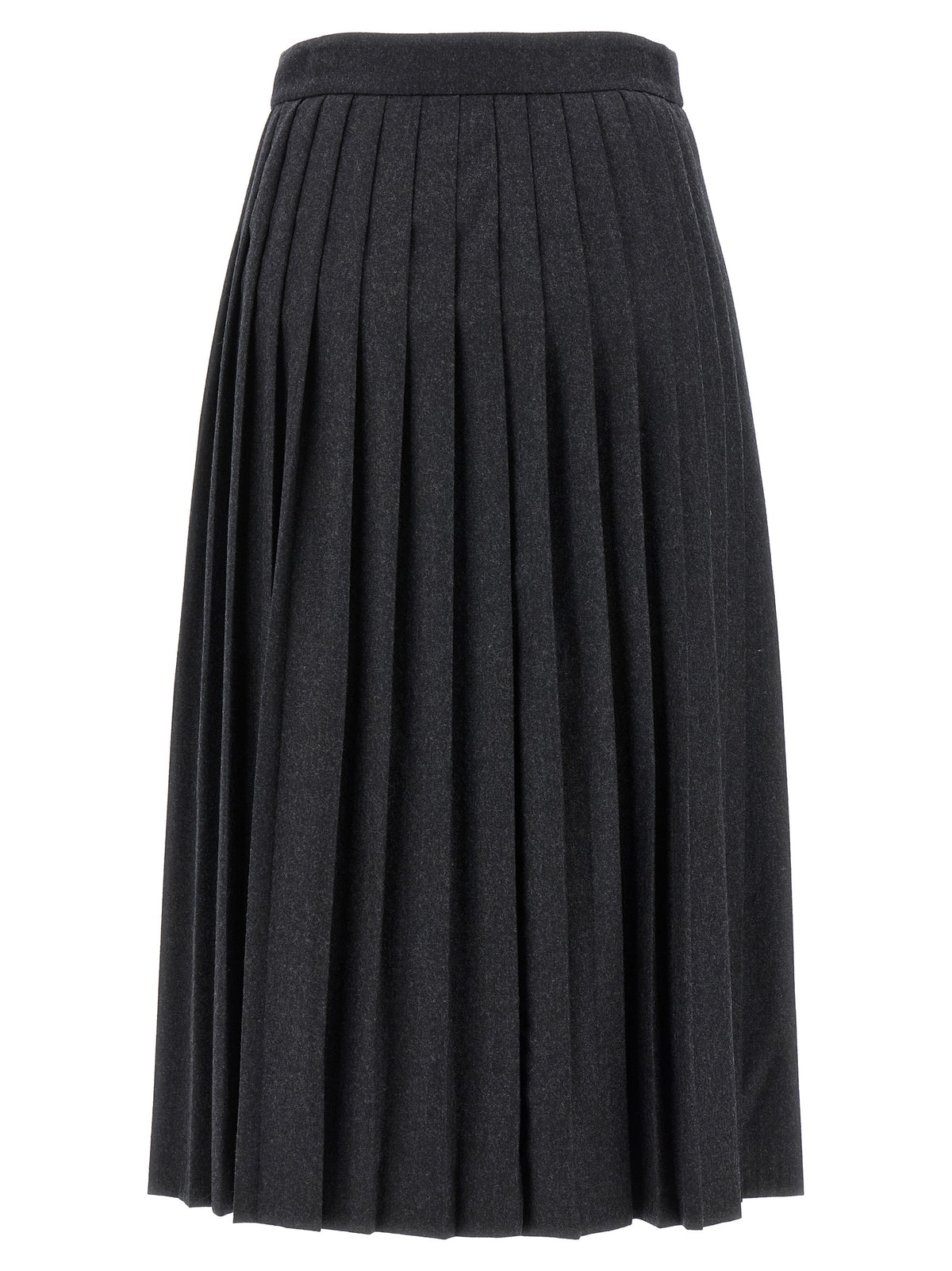 Prada Pleated Virgin Wool Midi Skirt with Brooch Detail in Gray | Made in Italy