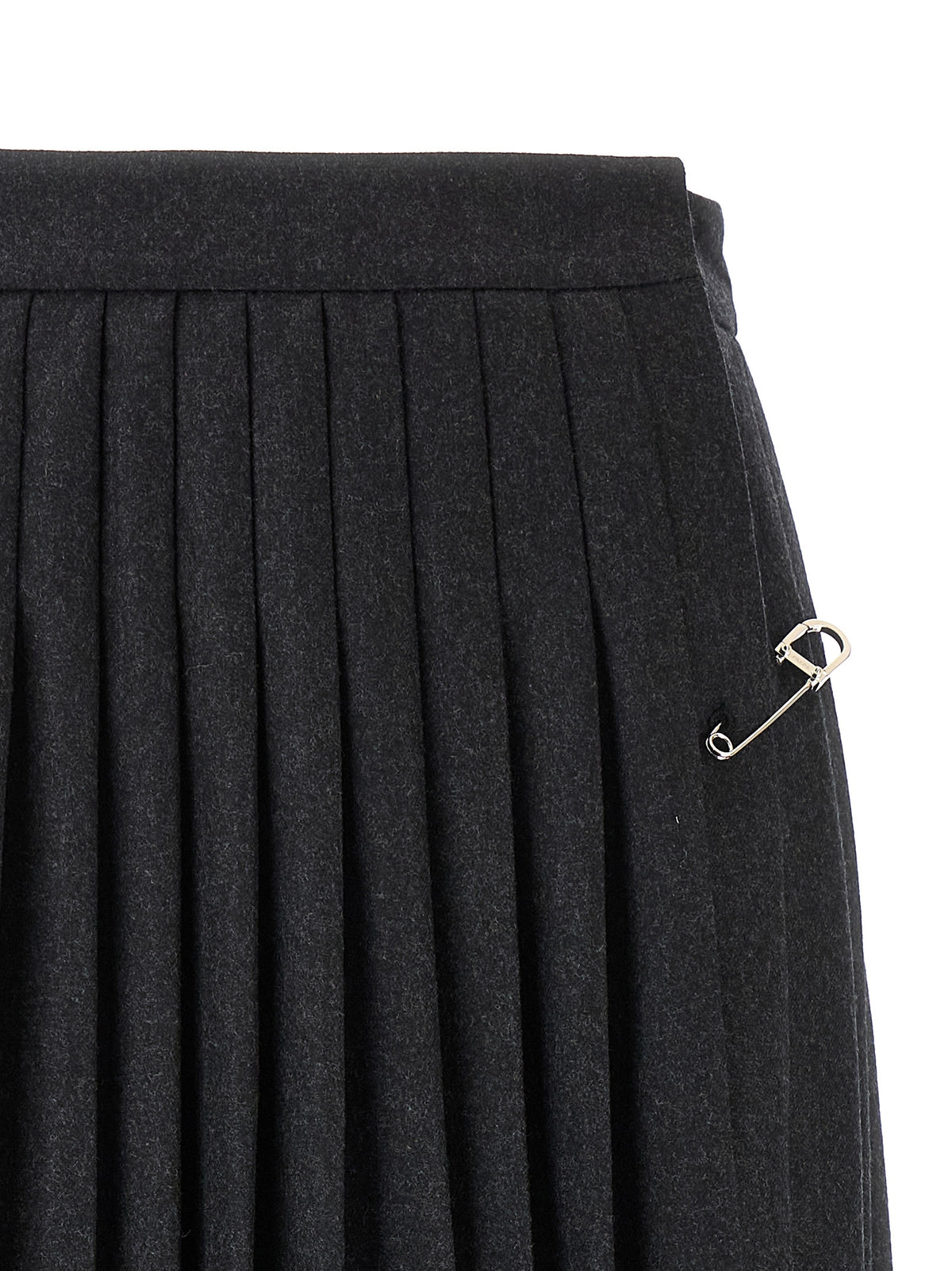 Prada Pleated Virgin Wool Midi Skirt with Brooch Detail in Gray | Made in Italy