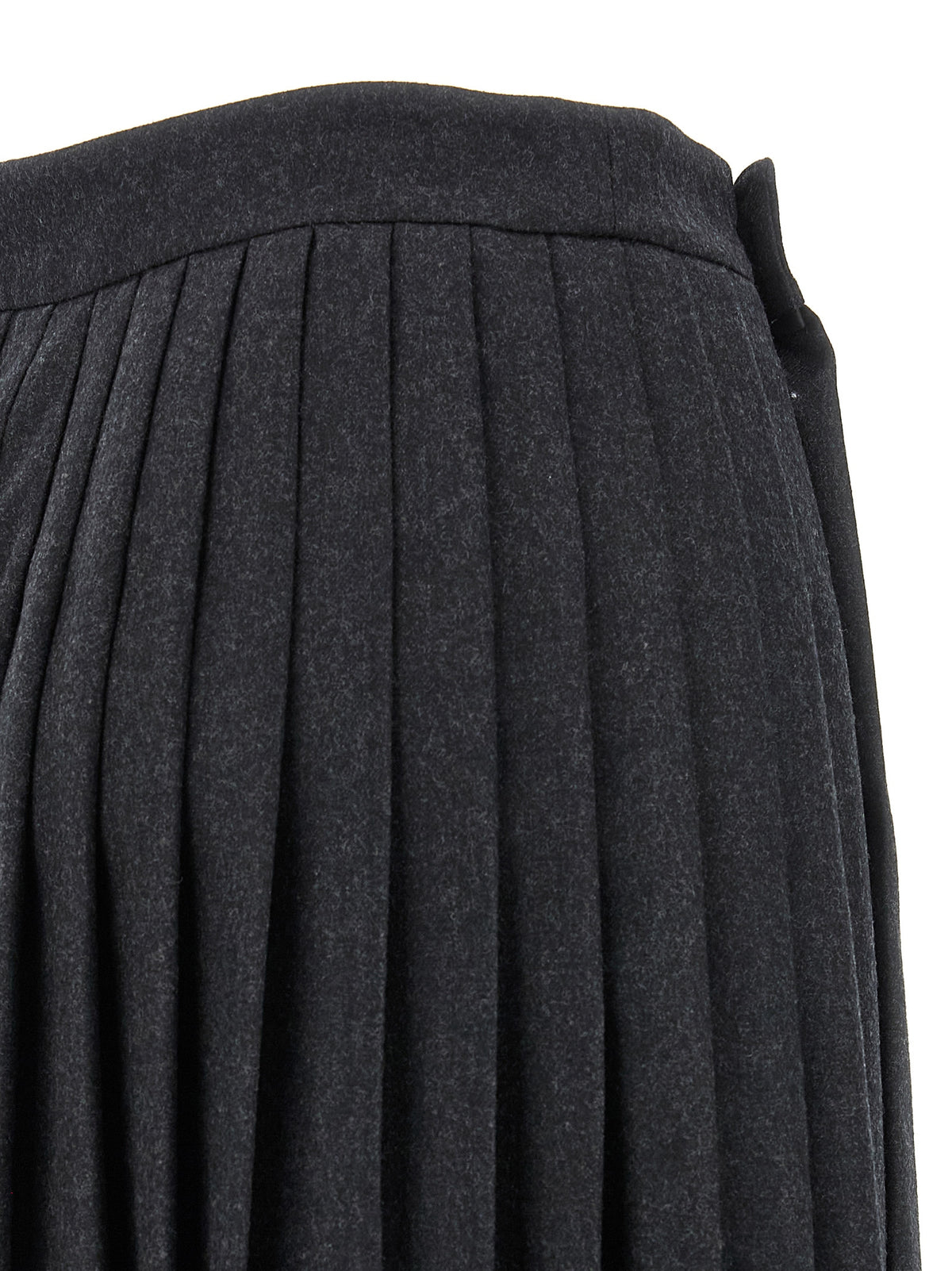 Prada Pleated Virgin Wool Midi Skirt with Brooch Detail in Gray | Made in Italy
