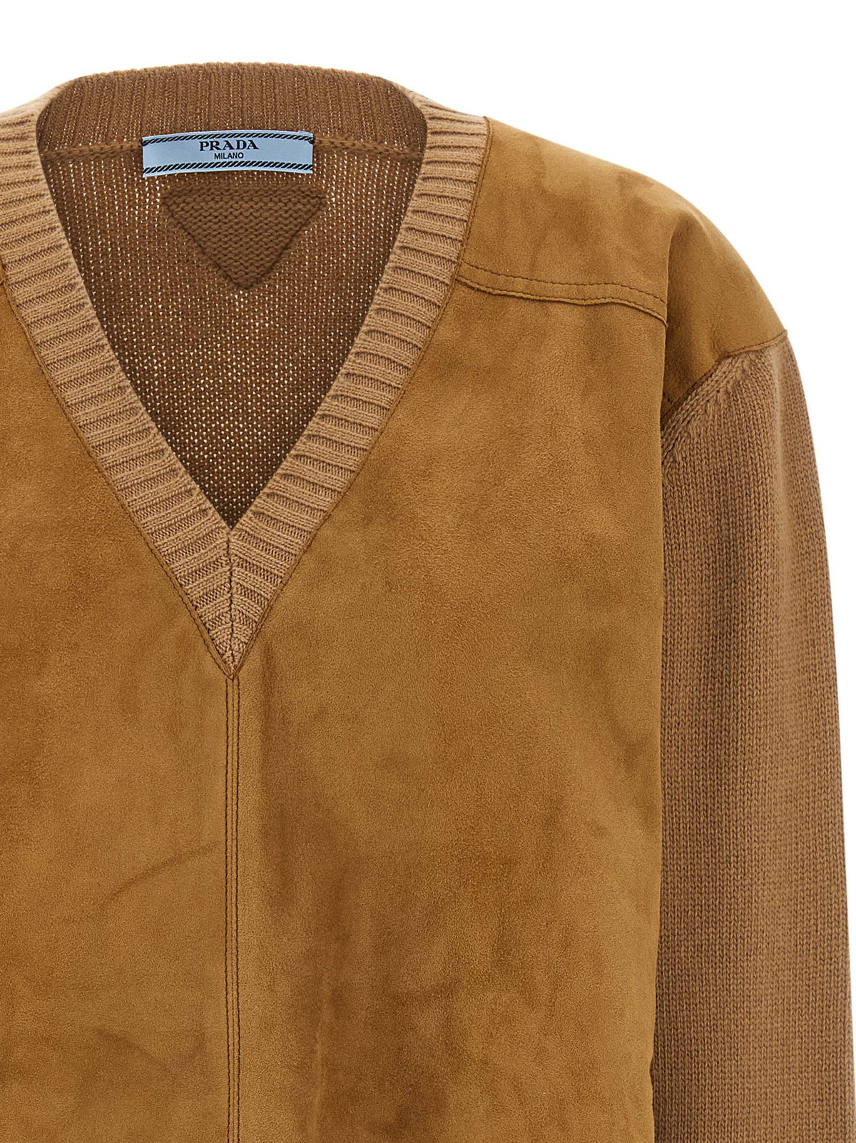 Prada Virgin Wool & Cashmere V-Neck Cardigan with Suede Detail in Brown | Made in Italy