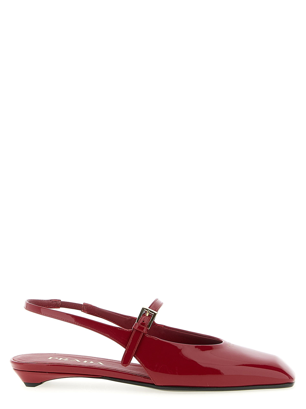Prada Patent Calfskin Square Toe Slingback Flats with Embossed Logo in Red | Made in Italy