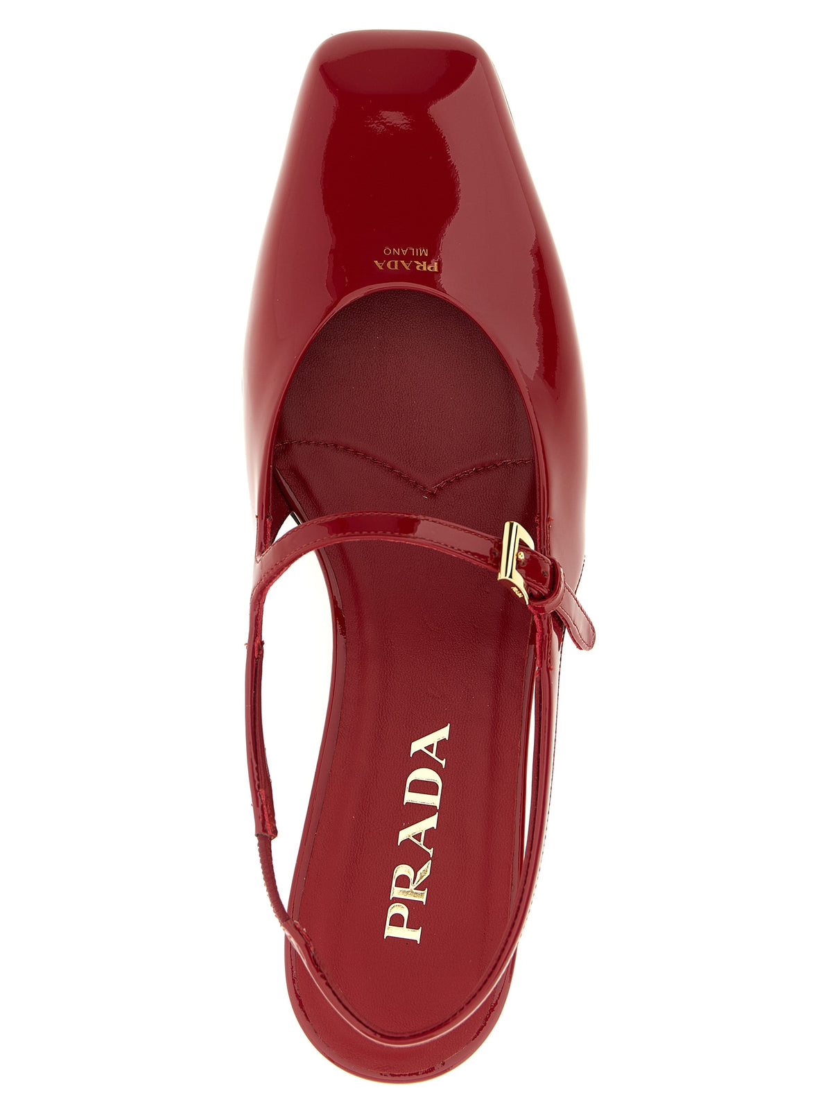 Prada Patent Calfskin Square Toe Slingback Flats with Embossed Logo in Red | Made in Italy