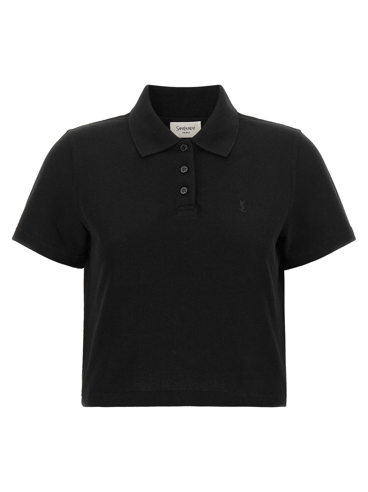 Saint Laurent Cotton Piqué Cropped Polo with Cassandre Logo in Black | Made in France