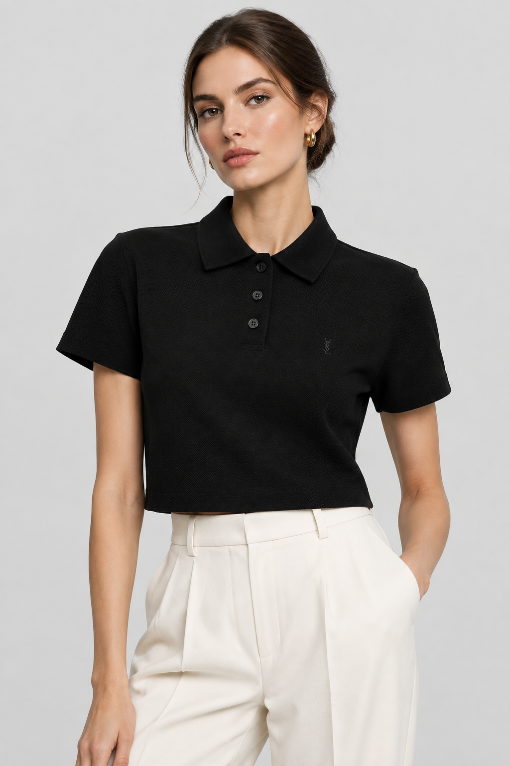 Saint Laurent Cotton Piqué Cropped Polo with Cassandre Logo in Black | Made in France