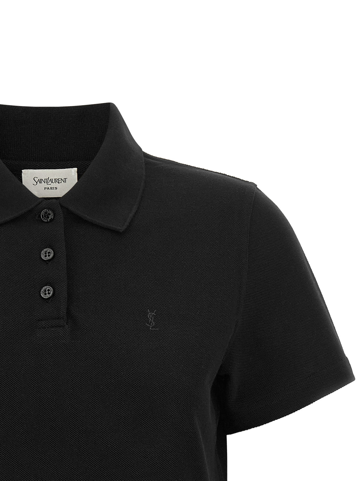 Saint Laurent Cotton Piqué Cropped Polo with Cassandre Logo in Black | Made in France