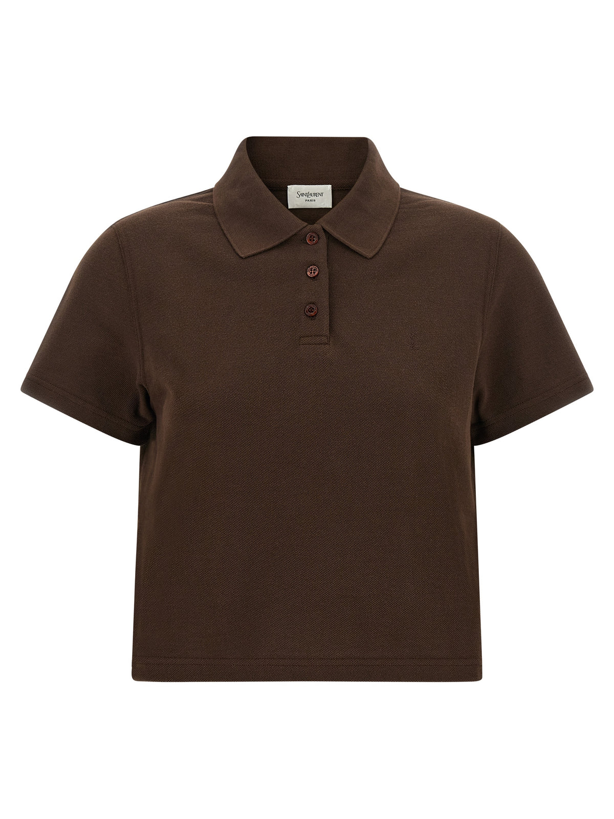 Saint Laurent Cotton Piqué Boxy Crop Polo with Cassandre Logo in Brown | Made in France