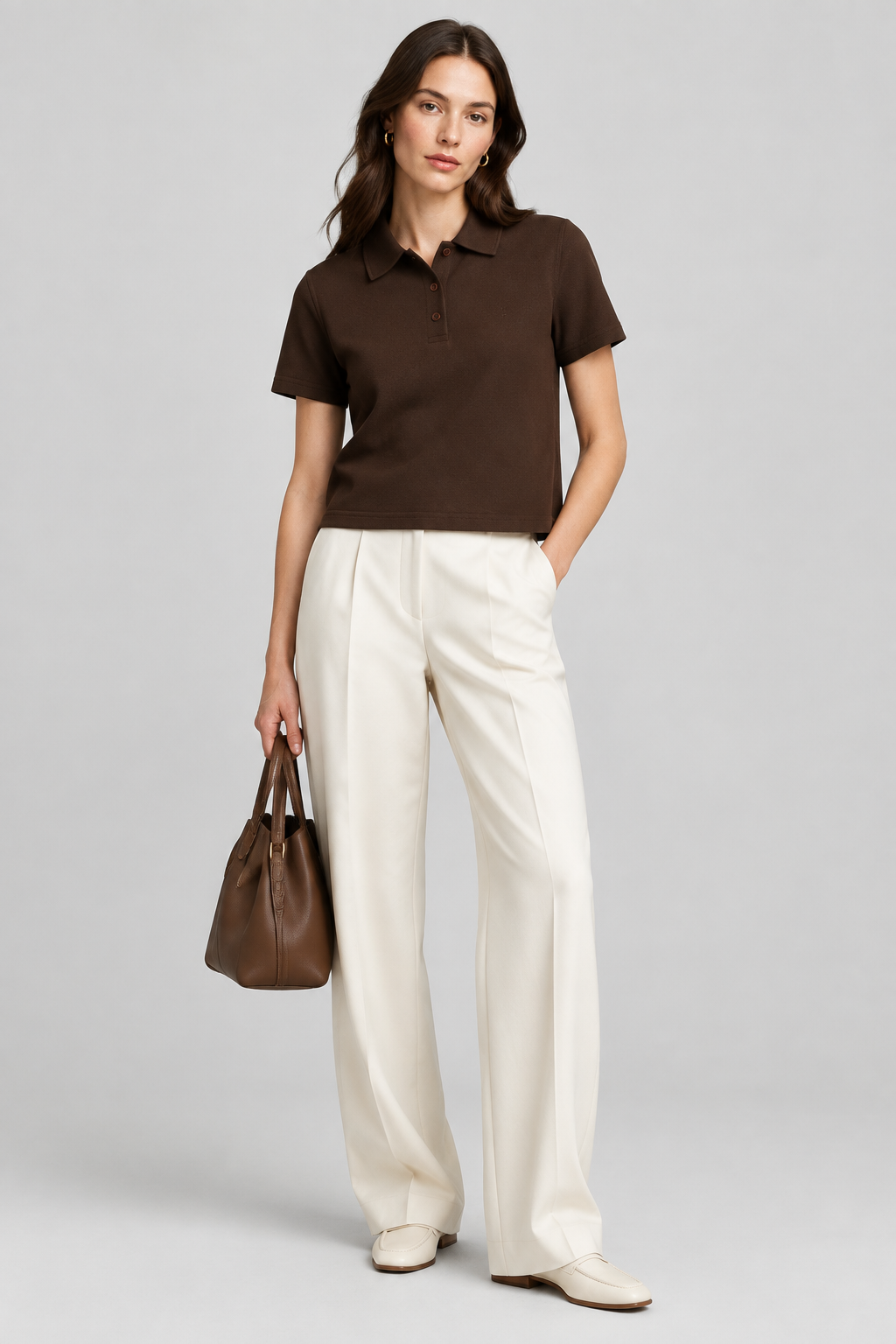 Saint Laurent Cotton Piqué Boxy Crop Polo with Cassandre Logo in Brown | Made in France