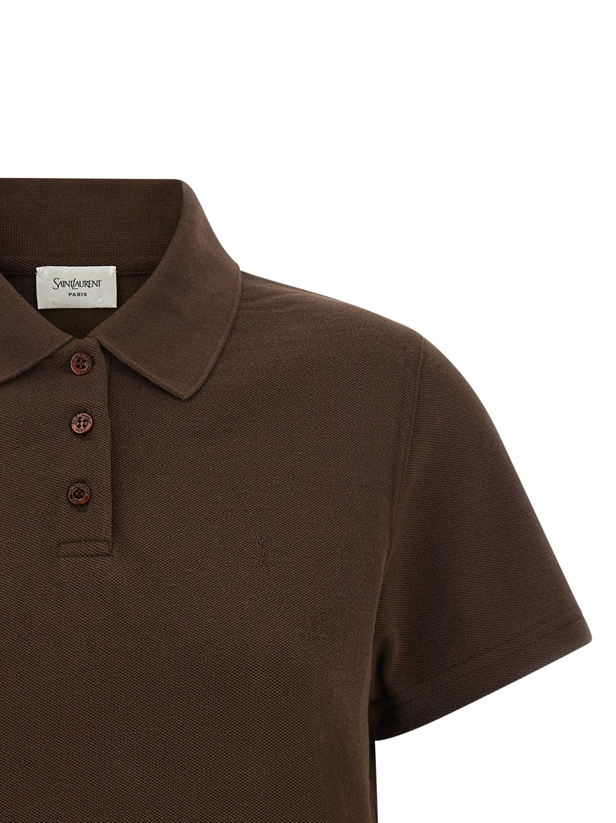 Saint Laurent Cotton Piqué Boxy Crop Polo with Cassandre Logo in Brown | Made in France