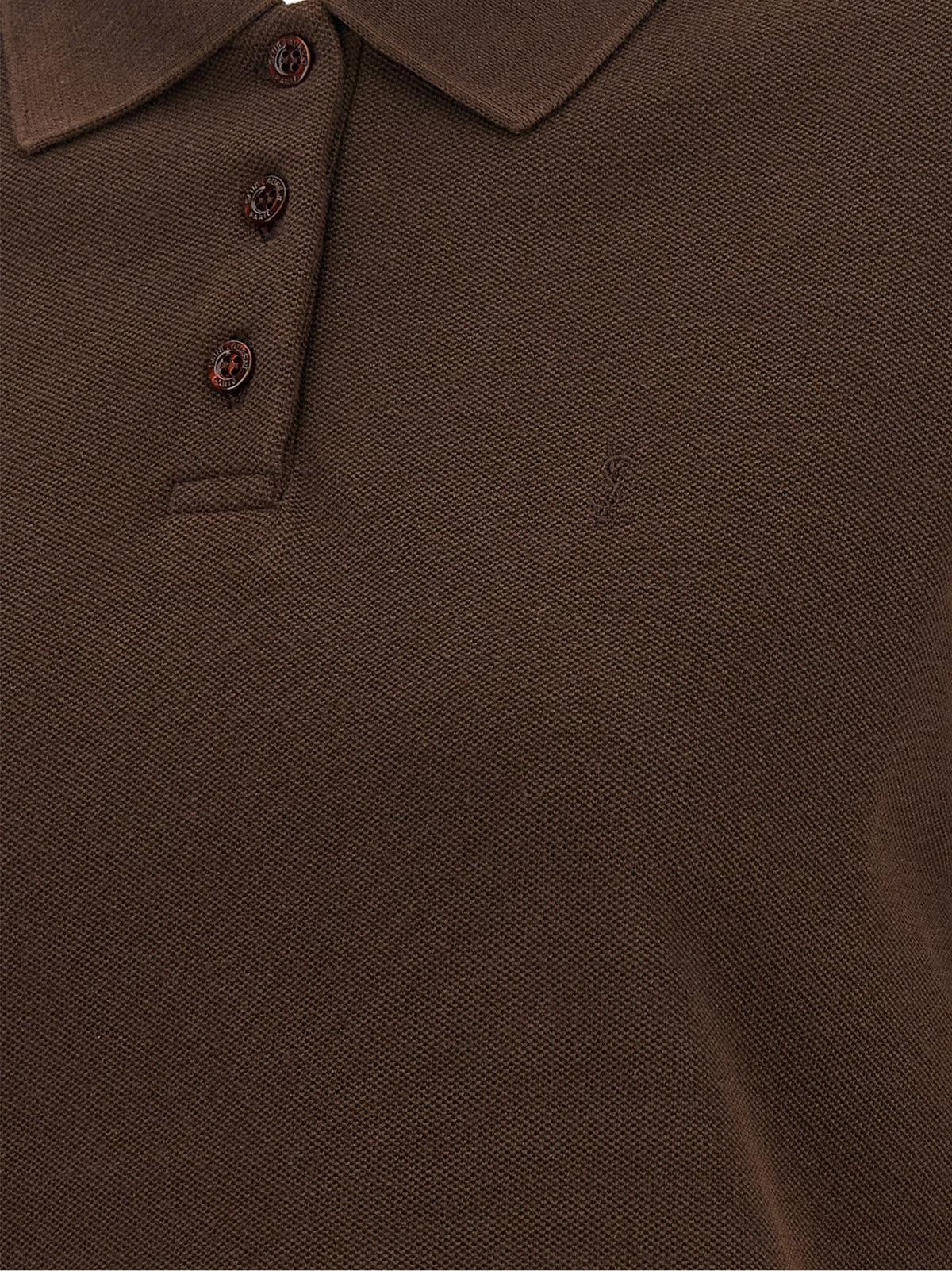 Saint Laurent Cotton Piqué Boxy Crop Polo with Cassandre Logo in Brown | Made in France