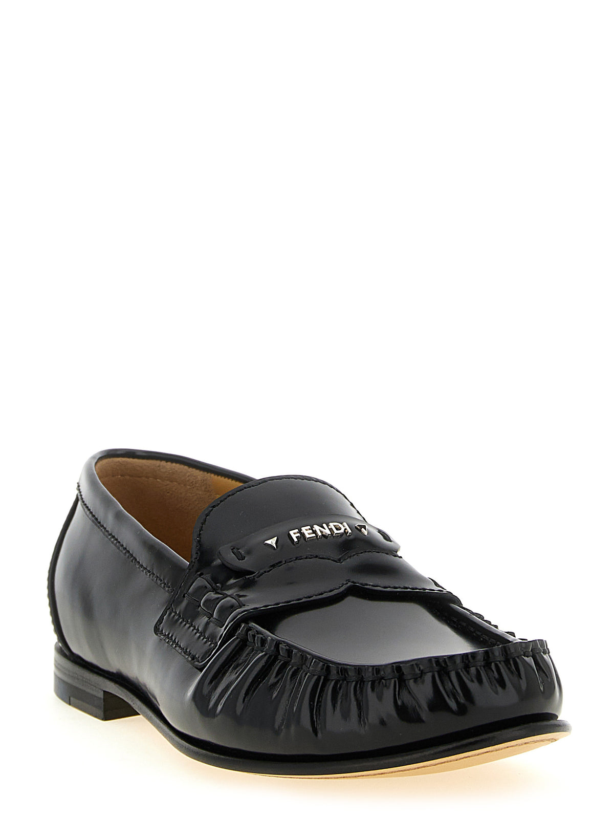 Fendi Scrunch Glossy Calfskin Moccasin Loafers with Fendi Cuneo Detail in Black | Made in Italy