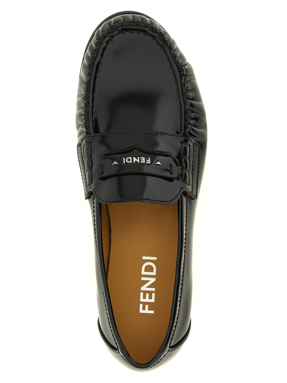 Fendi Scrunch Glossy Calfskin Moccasin Loafers with Fendi Cuneo Detail in Black | Made in Italy