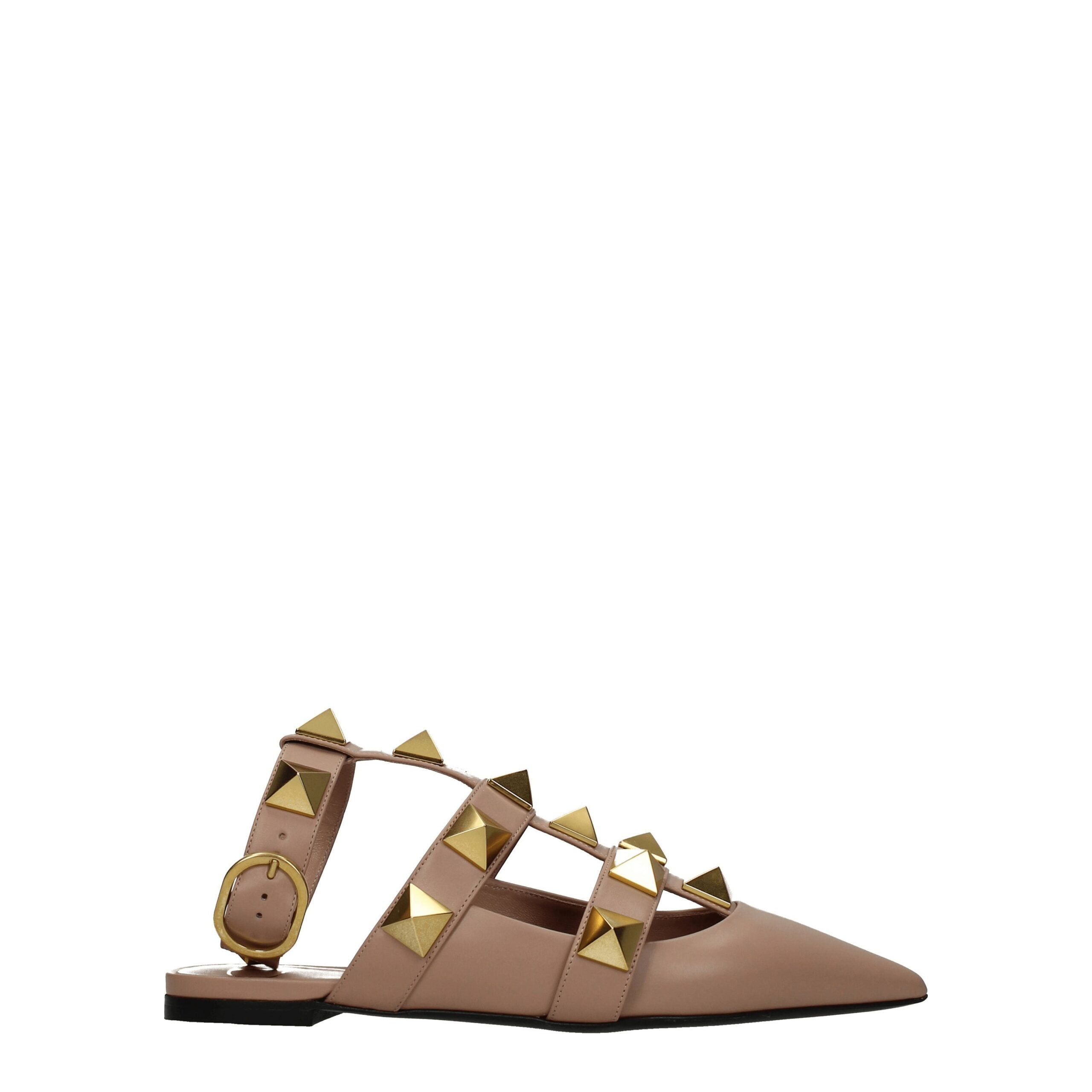 Valentino Garavani Roman Stud Flat Sandals in Nude Leather with Gold Studs