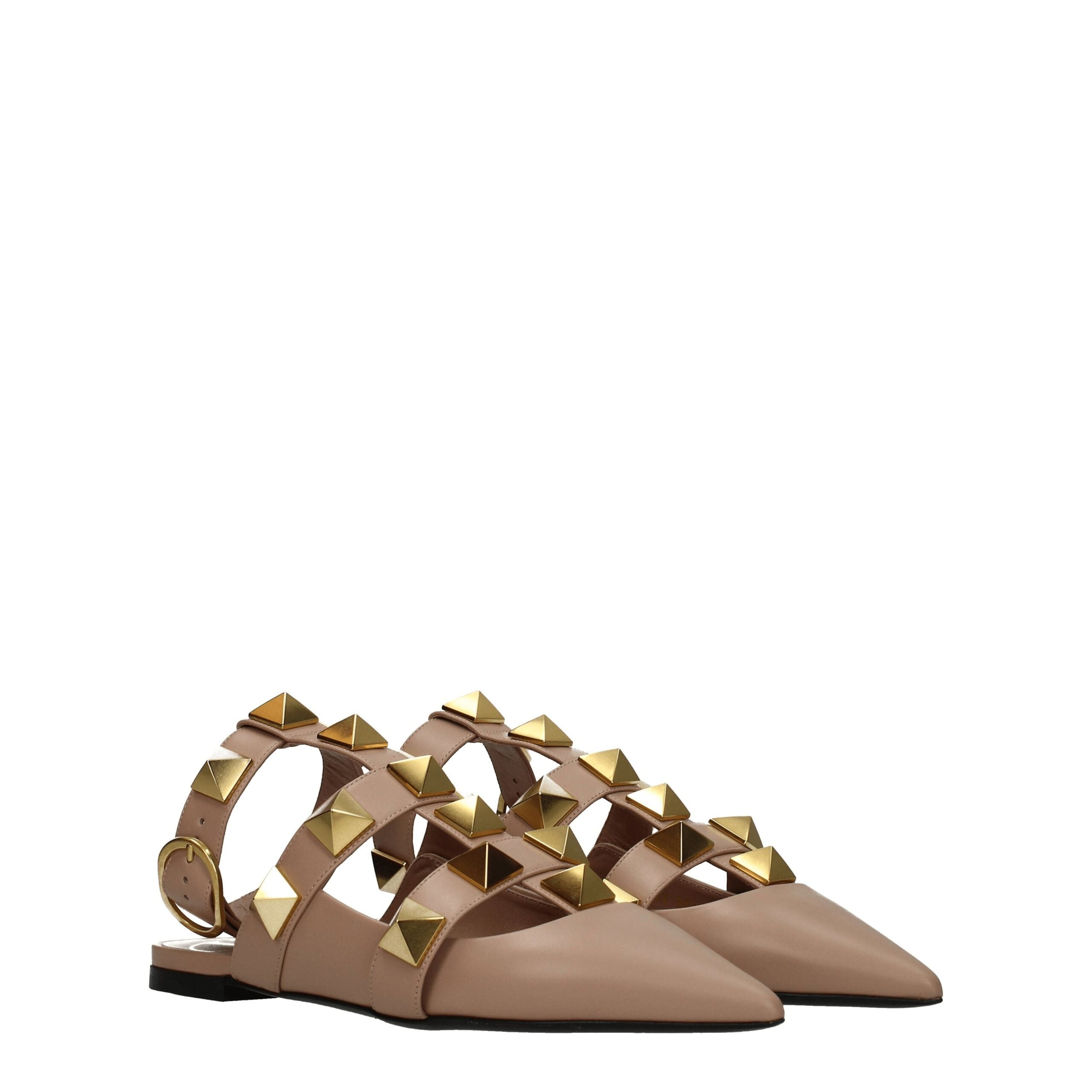 Valentino Garavani Roman Stud Flat Sandals in Nude Leather with Gold Studs