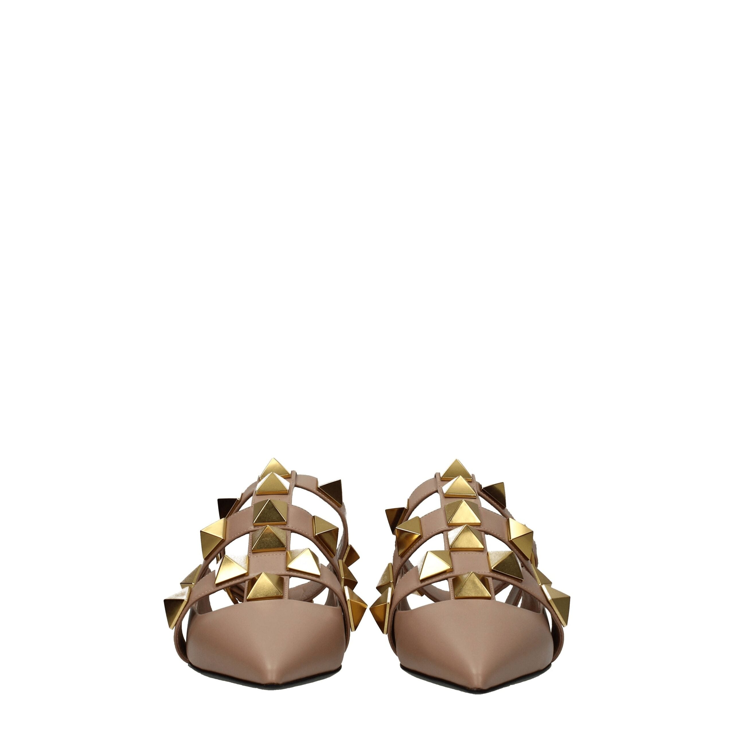 Valentino Garavani Roman Stud Flat Sandals in Nude Leather with Gold Studs