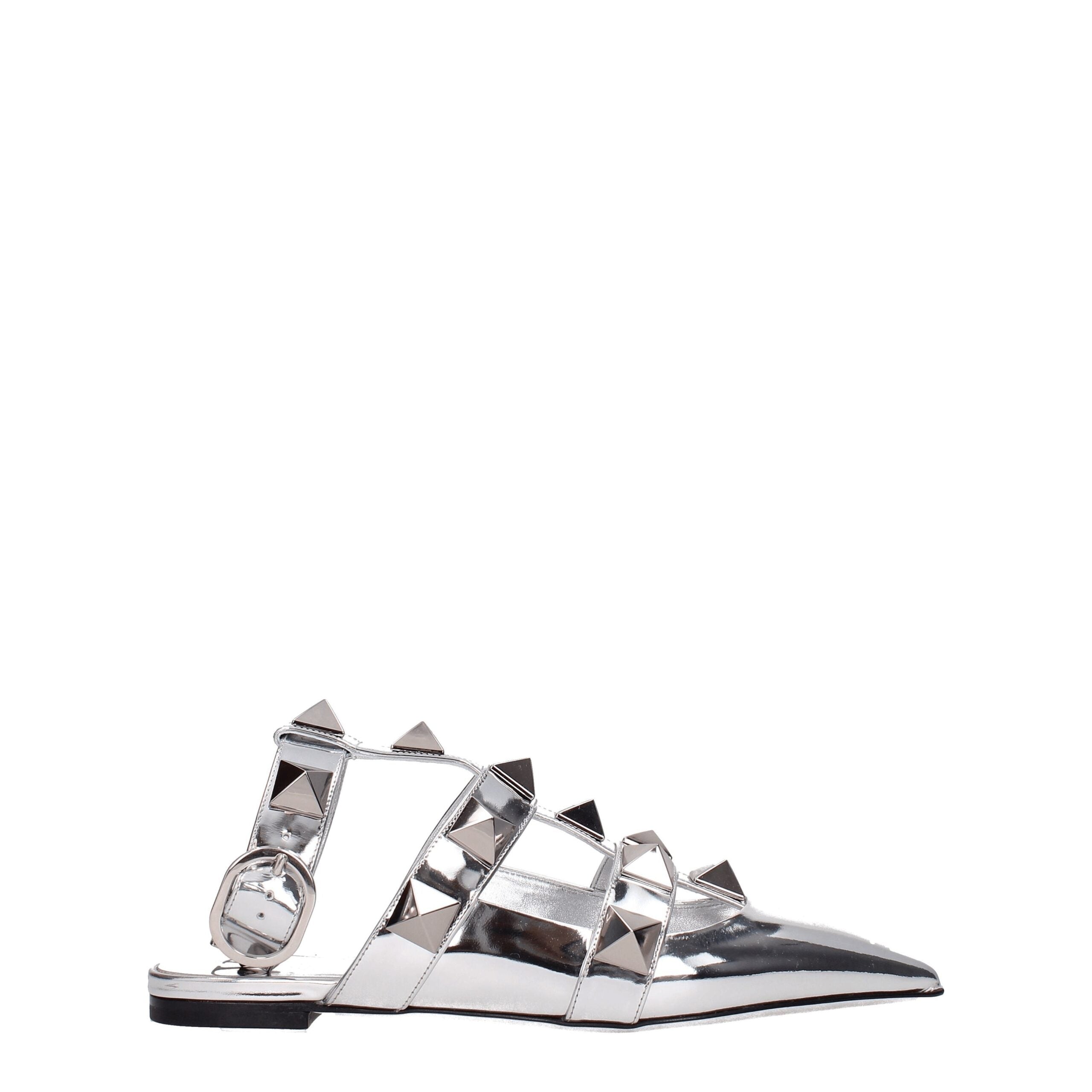 Valentino Garavani Roman Stud Flat Sandals in Silver Patent Leather