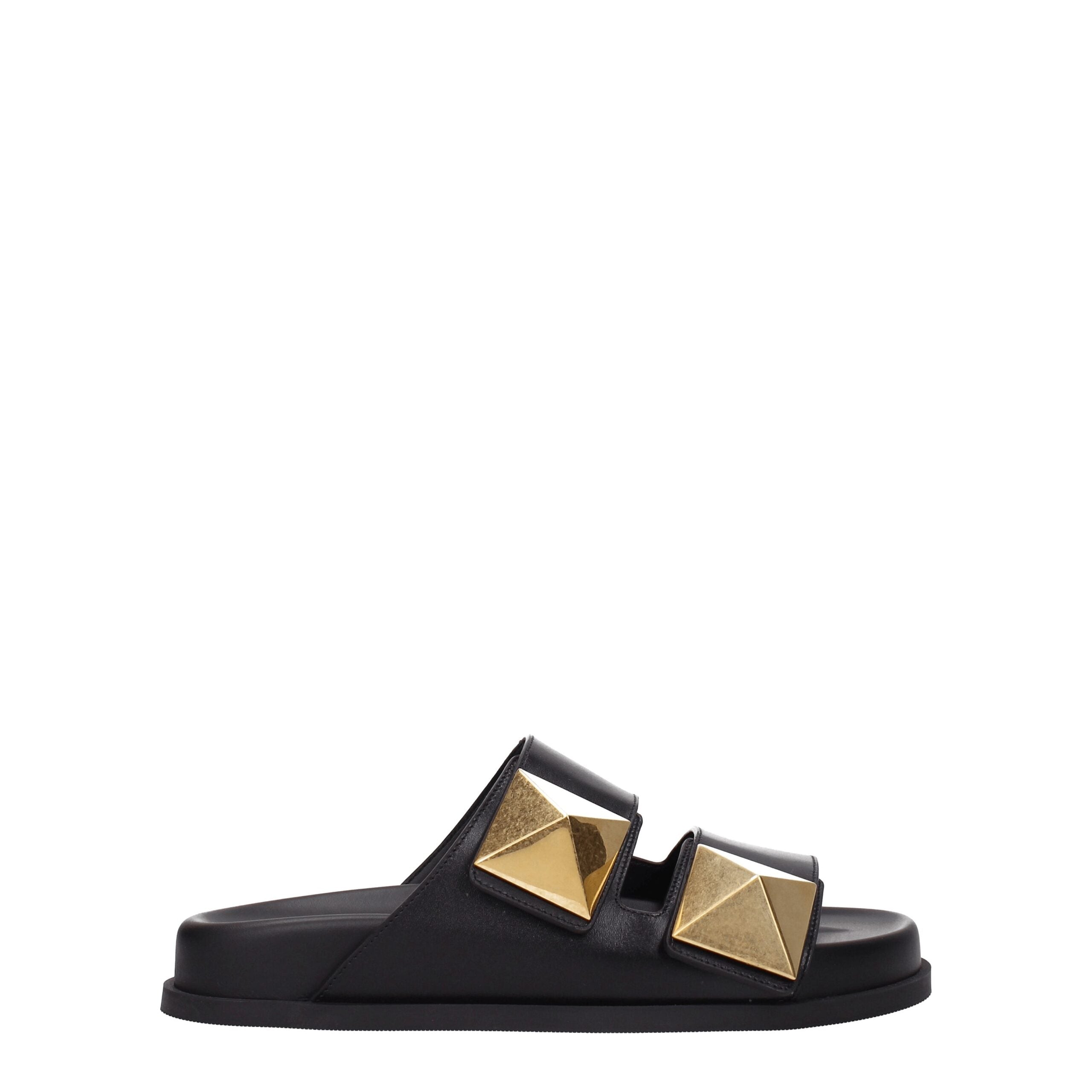 Valentino Garavani Roman Stud Double-Strap Slide Sandals in Black Leather