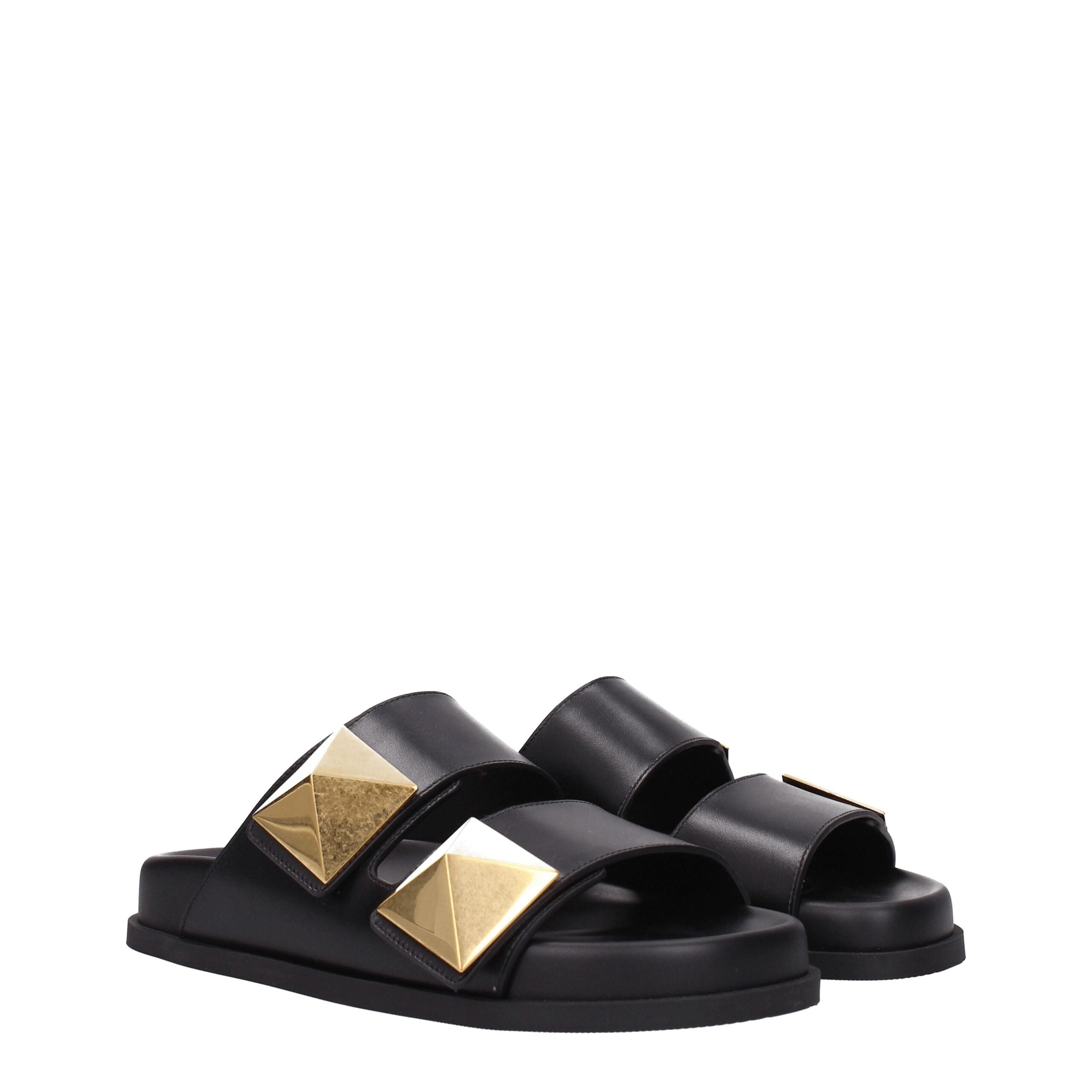 Valentino Garavani Roman Stud Double-Strap Slide Sandals in Black Leather