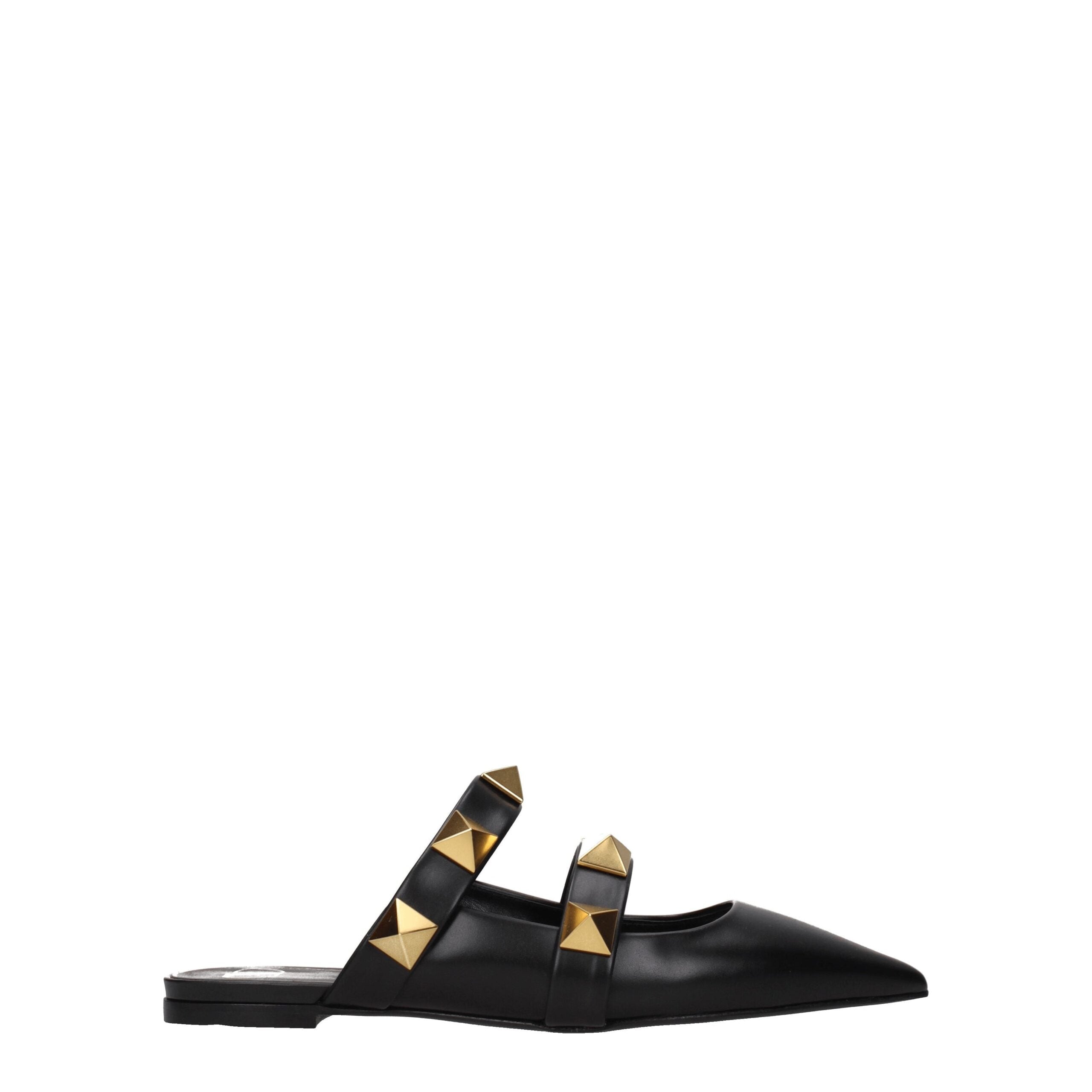 Valentino Garavani Roman Stud Flat Mules in Black Leather