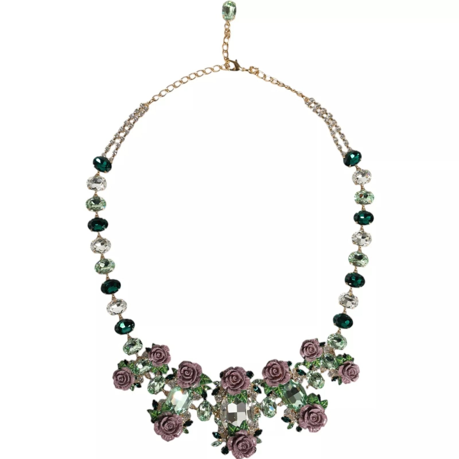 Gold Brass Link Chain Rose Petal Crystal Necklace