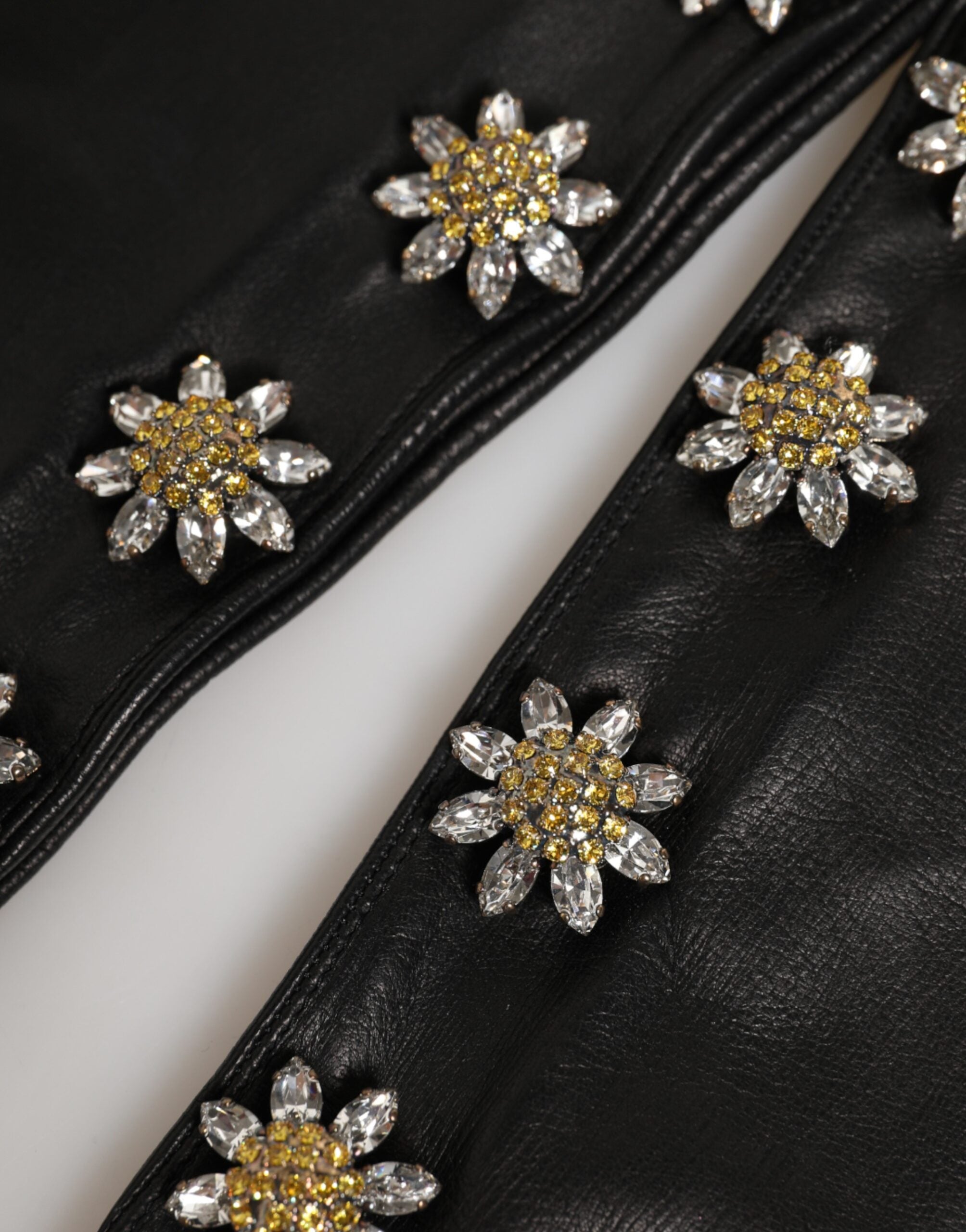 Black Leather Embellished Long Mitten Gloves