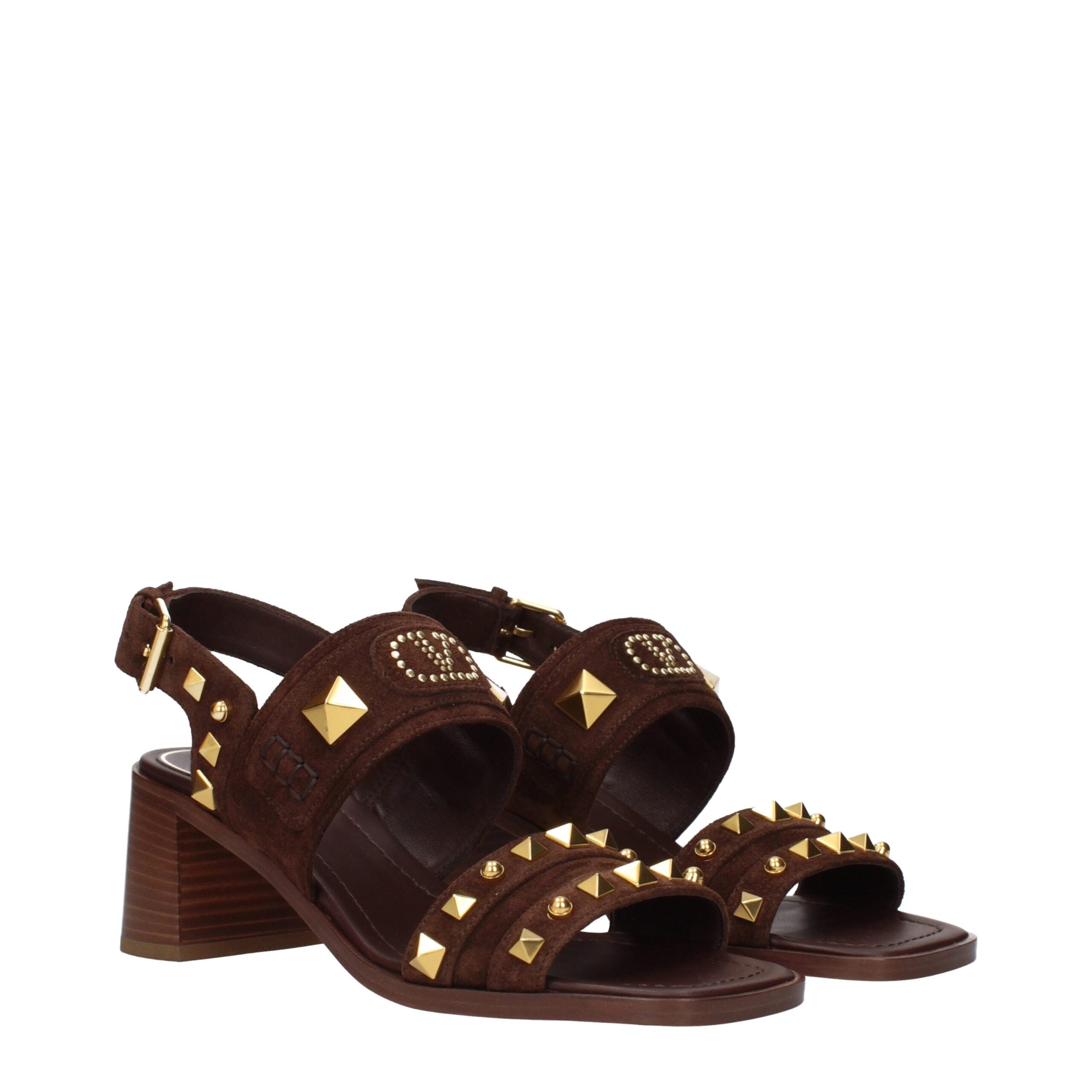 Valentino Garavani Brown Suede Studded Strap Sandals with Logo