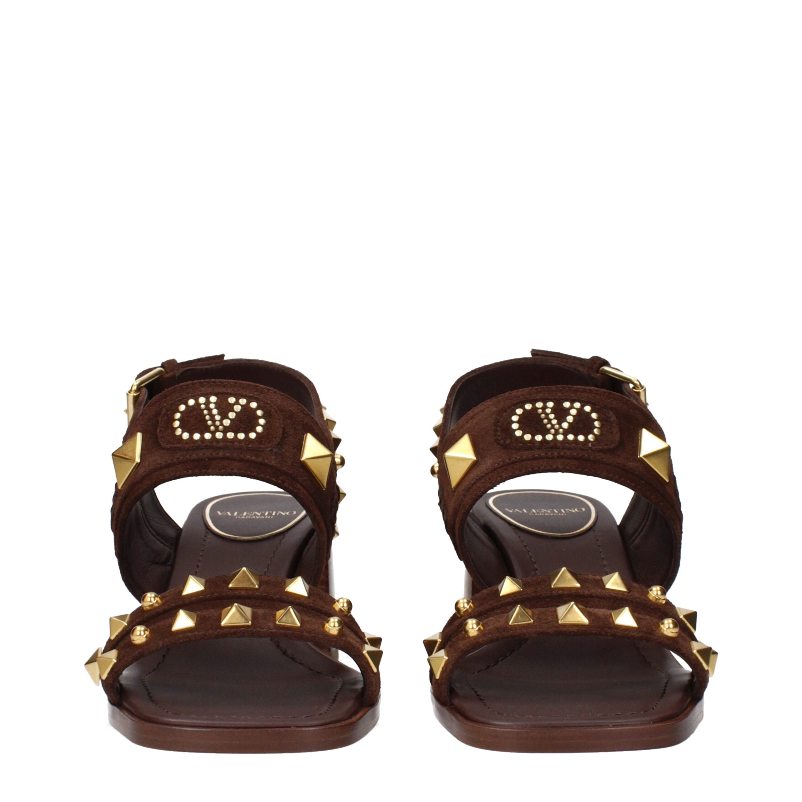 Valentino Garavani Brown Suede Studded Strap Sandals with Logo