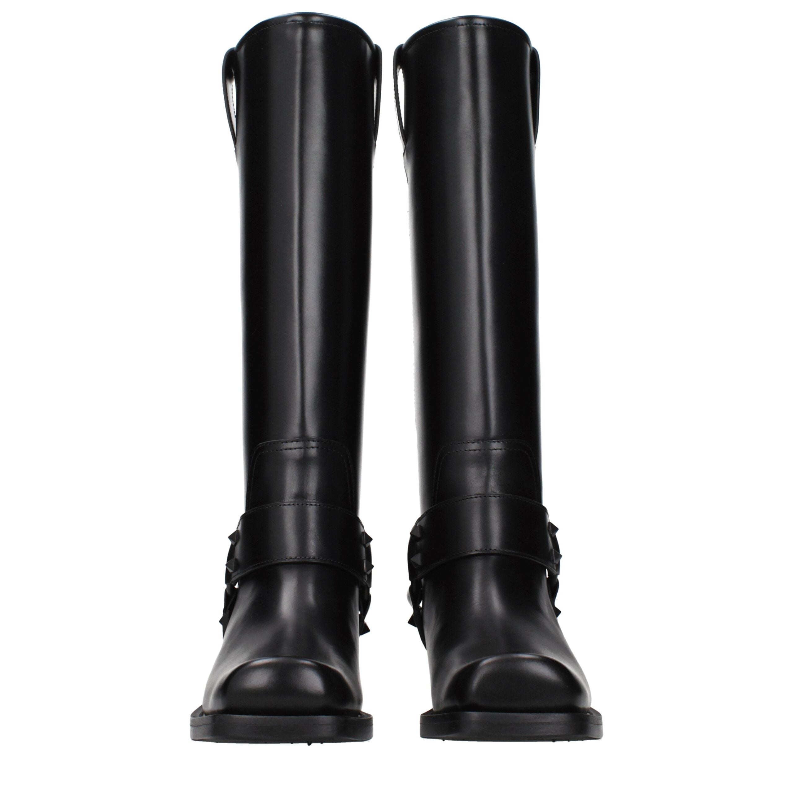 Valentino Garavani Black Leather Studded Flat Boots Square Toe