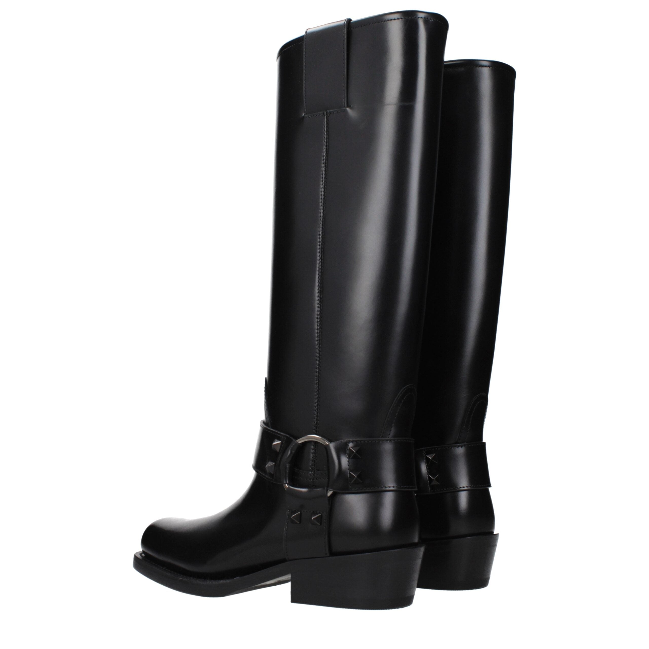 Valentino Garavani Black Leather Studded Flat Boots Square Toe